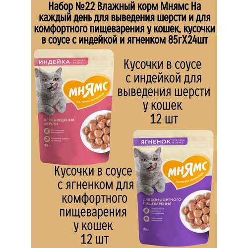 Набор №22 Влажный корм Мнямс для выведения шерсти у кошек, кусочки в соусе с индейкой и ягненком, 24 шт х 85 гр