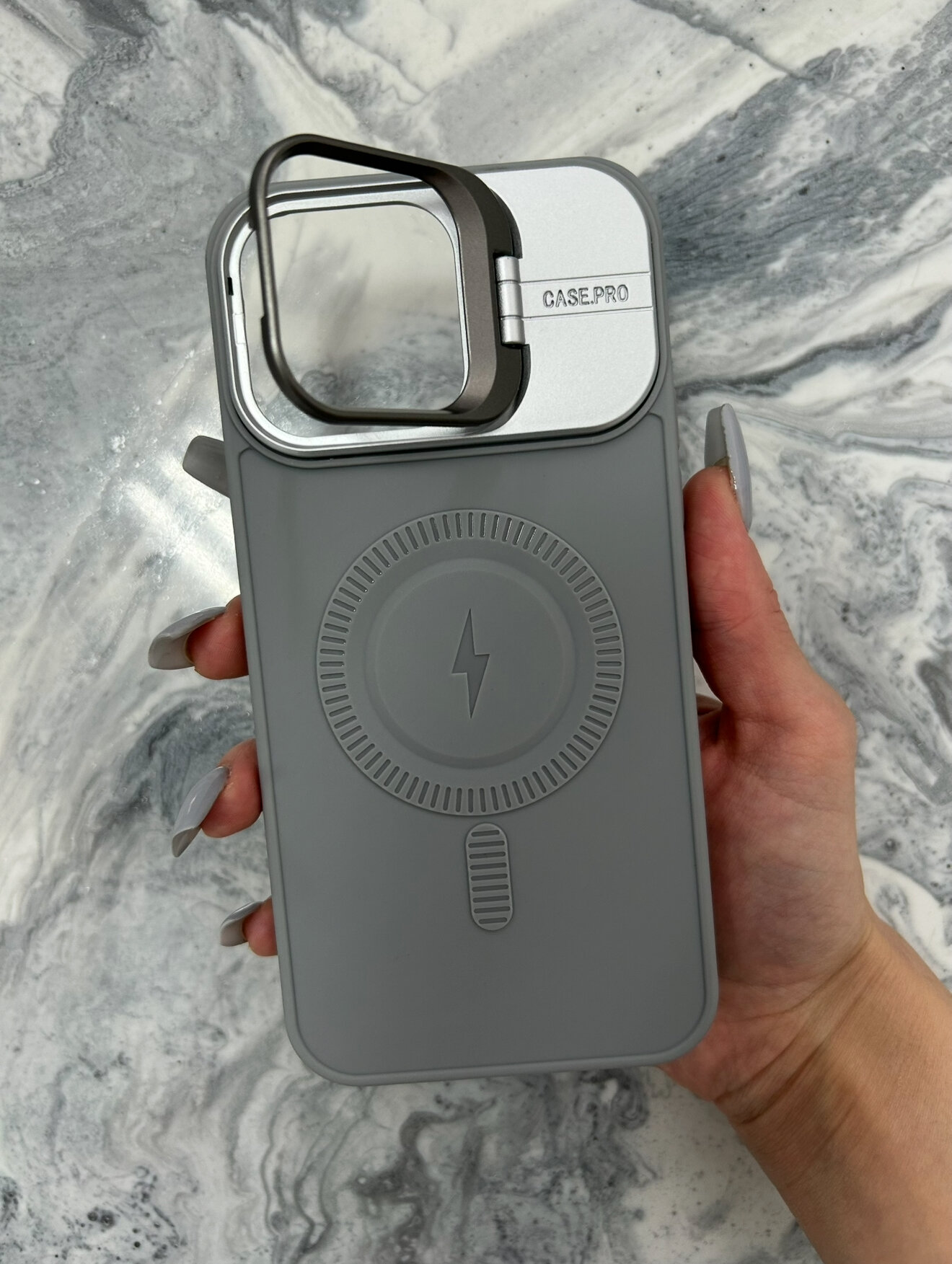 Чехол на айфон 15 про с MagSafe и подставкой серый - Чехол iPhone 15 Pro серый — фото 1
