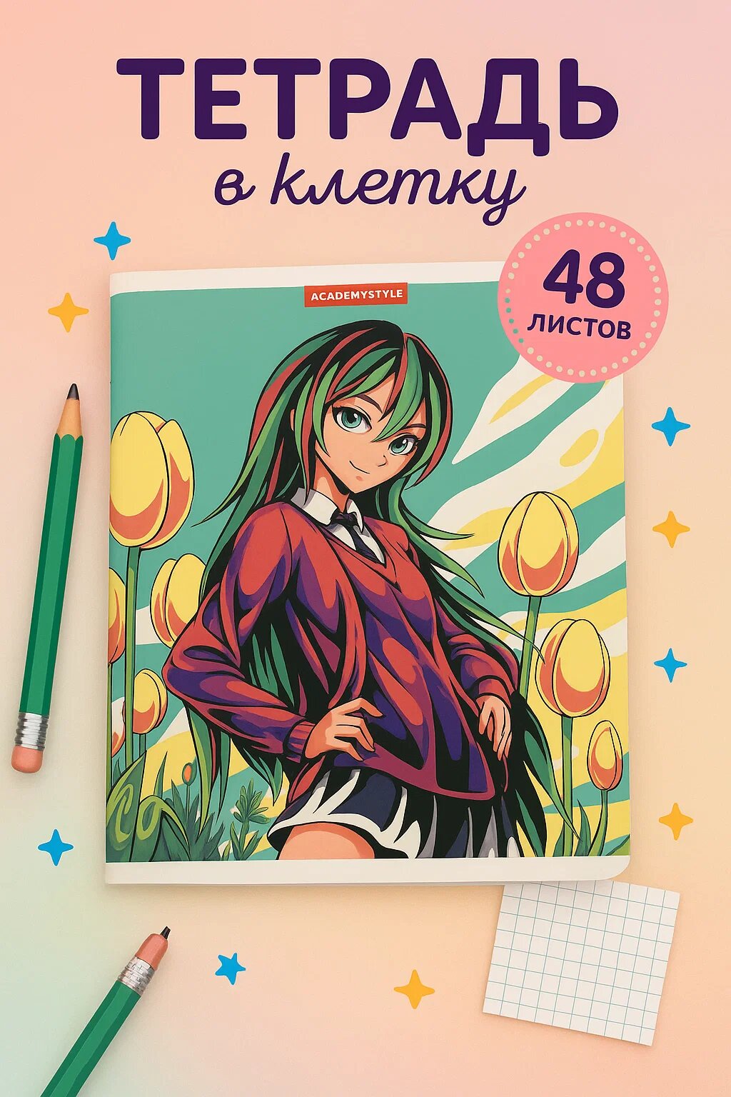 Тетрадь в клетку, 48 листов, A5, мягкая обложка — «Anime Tulip Girl / Весенняя энергия»