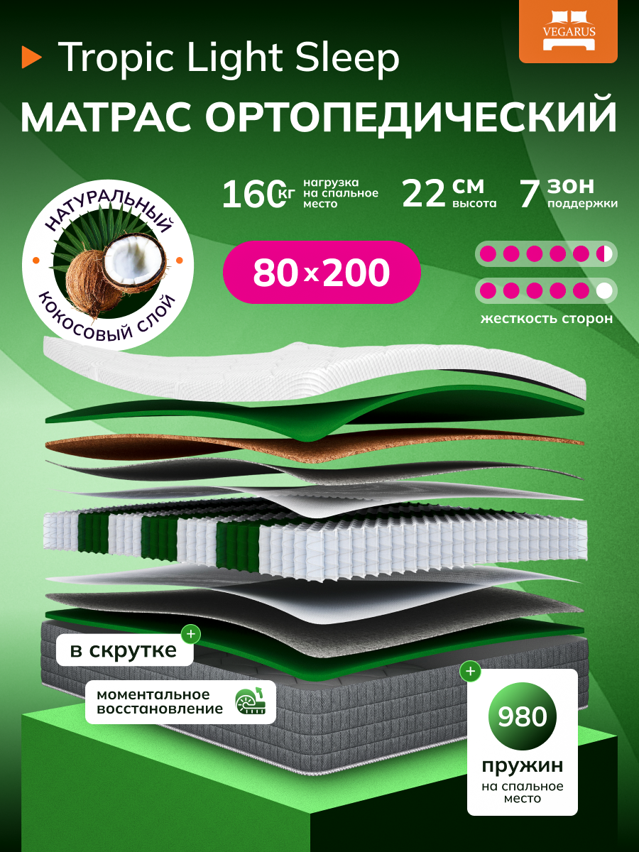 Матрас Tropic Light Sleep ортопедический независимые пружины 80x200х22 см белый