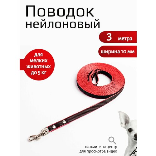 фото Поводок хвостатыч с карабином нейлон для мелких пород 3 м х 10 мм (черно-красный) zooone