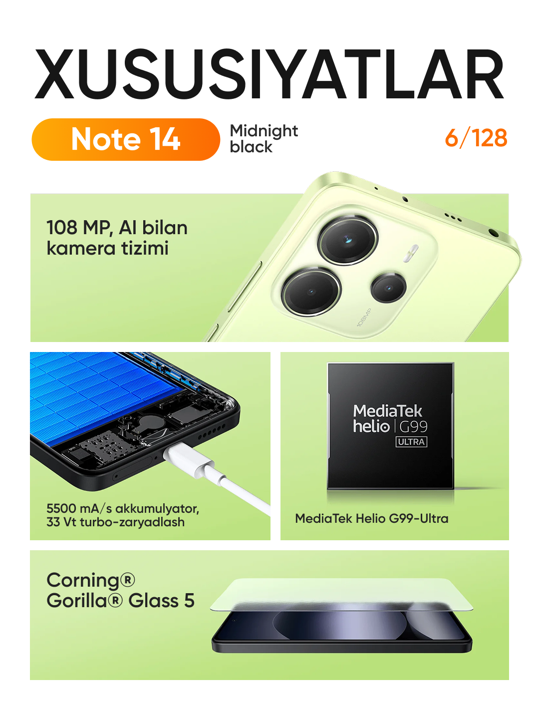 Смартфон Xiaomi Redmi Note 14, 6/128GB, Android 13, NFC, AMOLED Midnight Black — фото 1