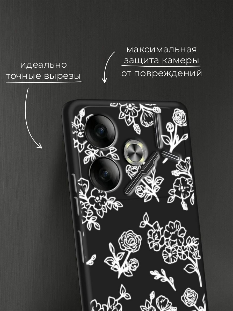 Черный матовый чехол на Tecno Pova 6 / Текно Пова 6 с принтом "Белые розы паттерн" — фото 1