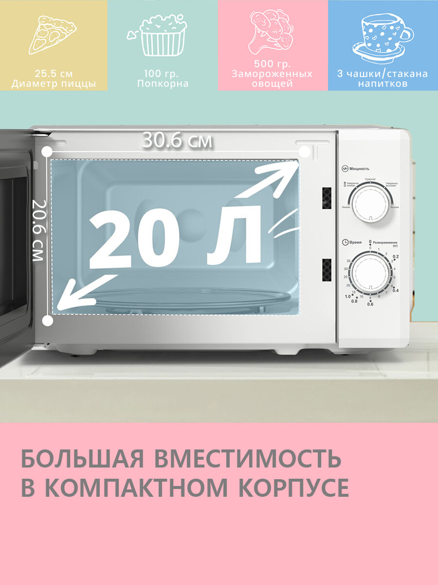 Изображение Микроволновая печь Comfee CMW207M02W, 20 л, 700 Вт, 5 уровней мощности, таймер, разморозка, внутреннее освещение, белый
