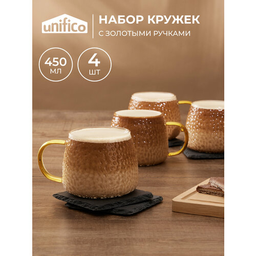 фото Unifico кружка emanuela 450 мл с золотой ручкой 4 шт. (боросиликатное стекло)