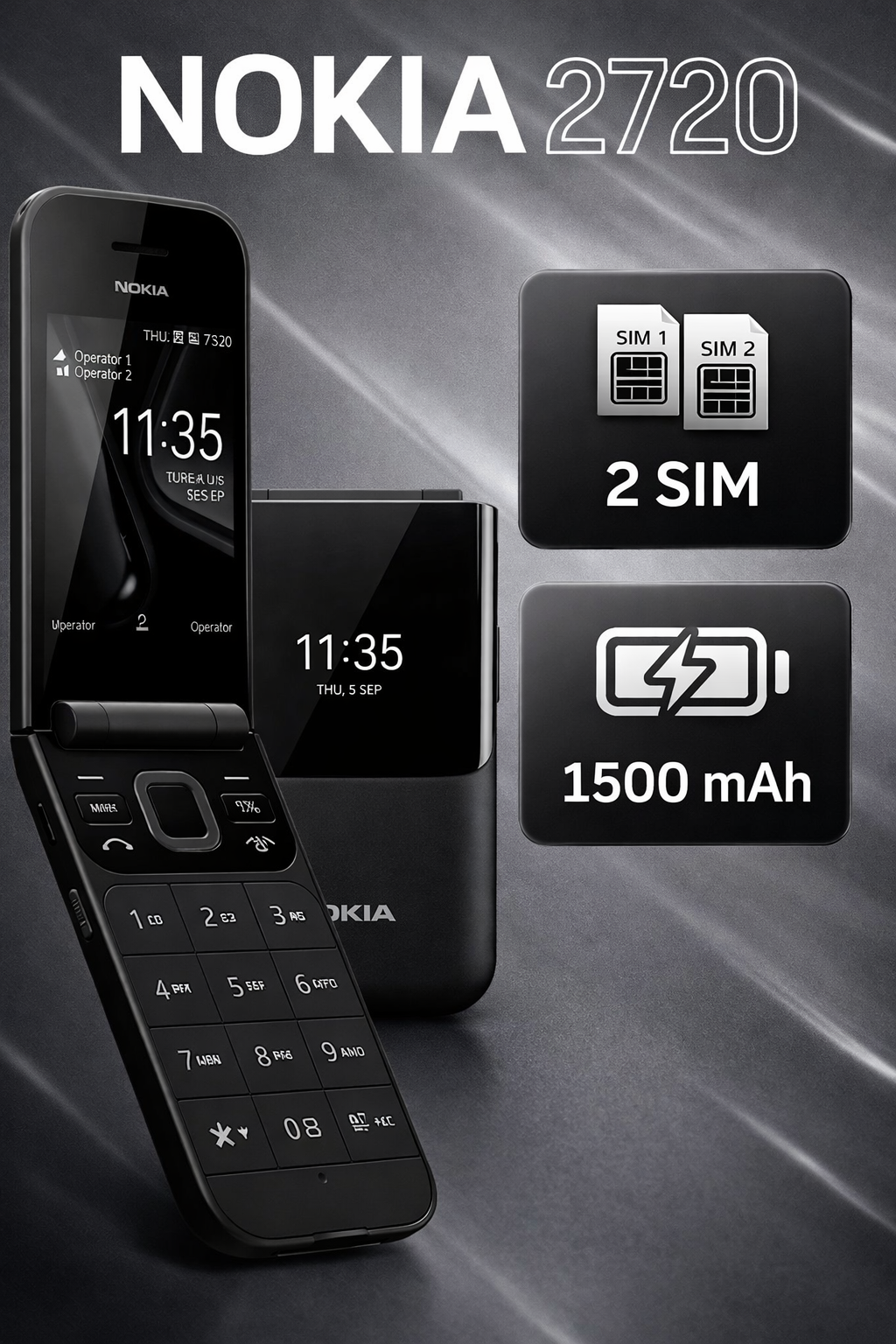 Nokia Кнопочный телефон Nokia 2720 Flip TA-1170DS , две SIM-карты Black UZIMEI Зарегистрированный — фото 1