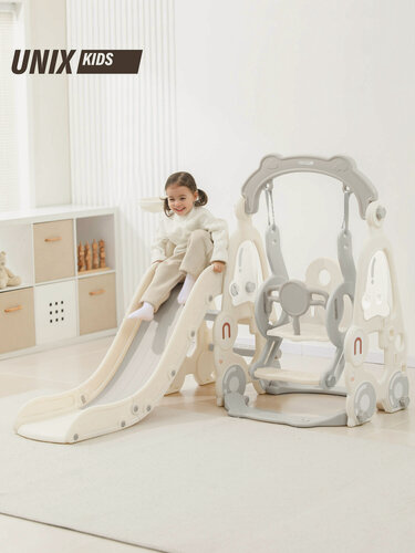 Изображение товара Горка детская с качелями со спуском 145 см UNIX Kids Car / Машина из пластика, игровой комплекс 2 в 1, для дома и улицы, 150х140х110 см, серый