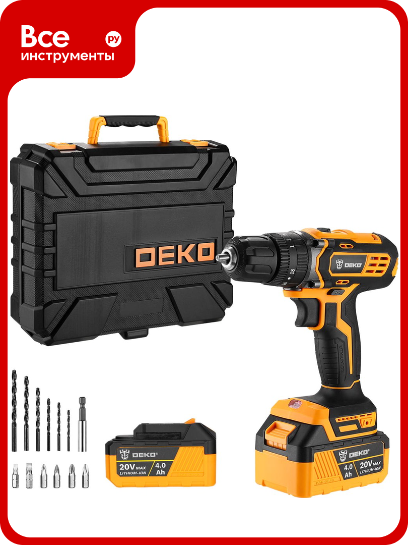 Аккумуляторная ударная дрель-шуруповерт DEKO DKCD20 Impact 20 В, 2х4.0 Ач 063-4420
