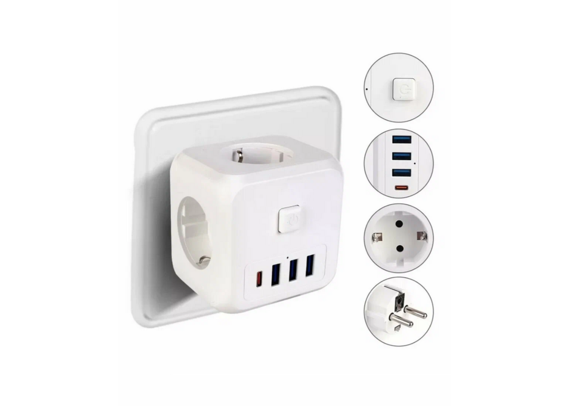 Тройник куб для розетки с 3 розетками, 3 портами USB, 1 портом Type-C — фото 1