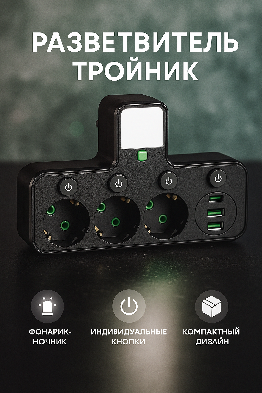 Тройник-разветвитель, 3 розетки, 2 USB, Type-C, с подсветкой, 2500Вт, черный