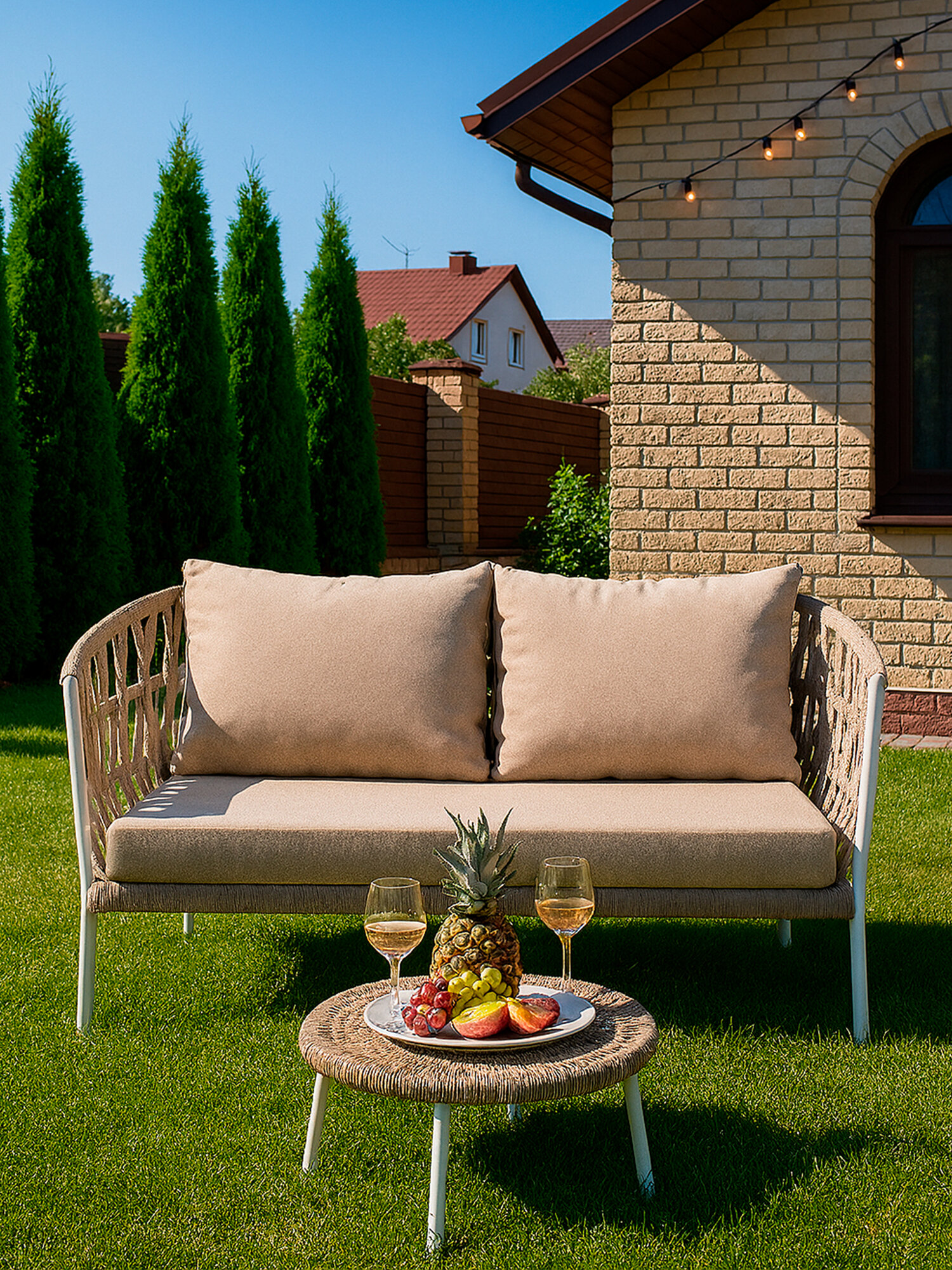 Диван из алюминия и плетеного роупа двухместный Диего 4SIS садовый уличный плетеный с мягкими бежевыми подушками (полиэстер 300гр/м2) алюминиевый каркас 158x72x77 см