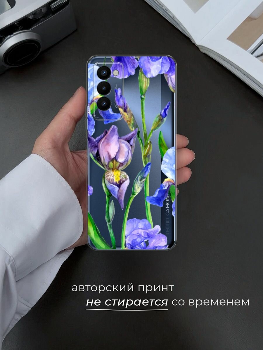 Чехол на Tecno Camon 18P / Техно Камон 18Р с принтом "Синие ирисы", прозрачный — фото 1