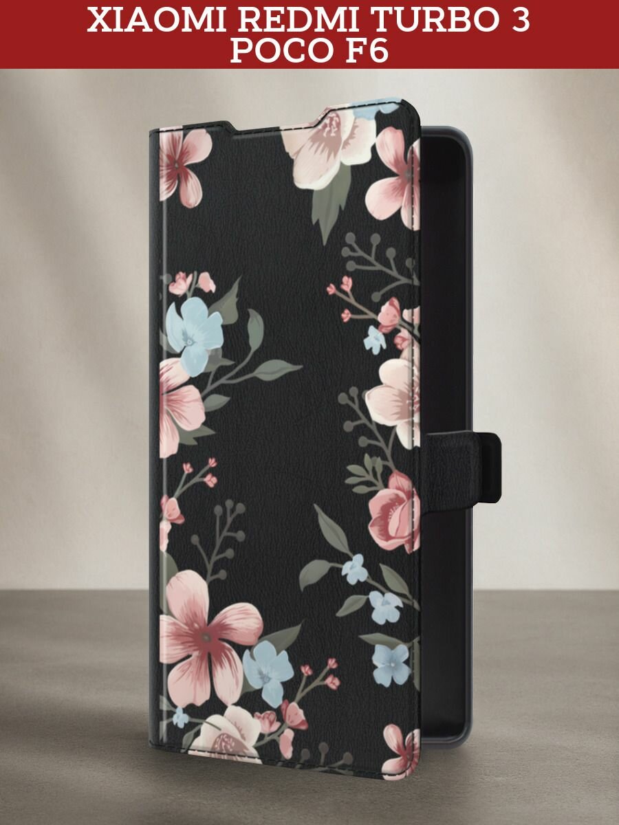 Чехол-книжка на Xiaomi Redmi Turbo 3/Poco F6 / Редми Турбо 3/Поко Ф6 с рисунком "Нежная рамка из цветов"