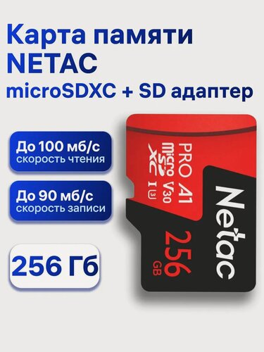Изображение товара Карта памяти Netac P500 Extreme Pro 256 Гб, microSDXC, Class 10/V30/A1/U3, до 100 Мб/с, SD адаптер (NT02P500PRO-256G-R)