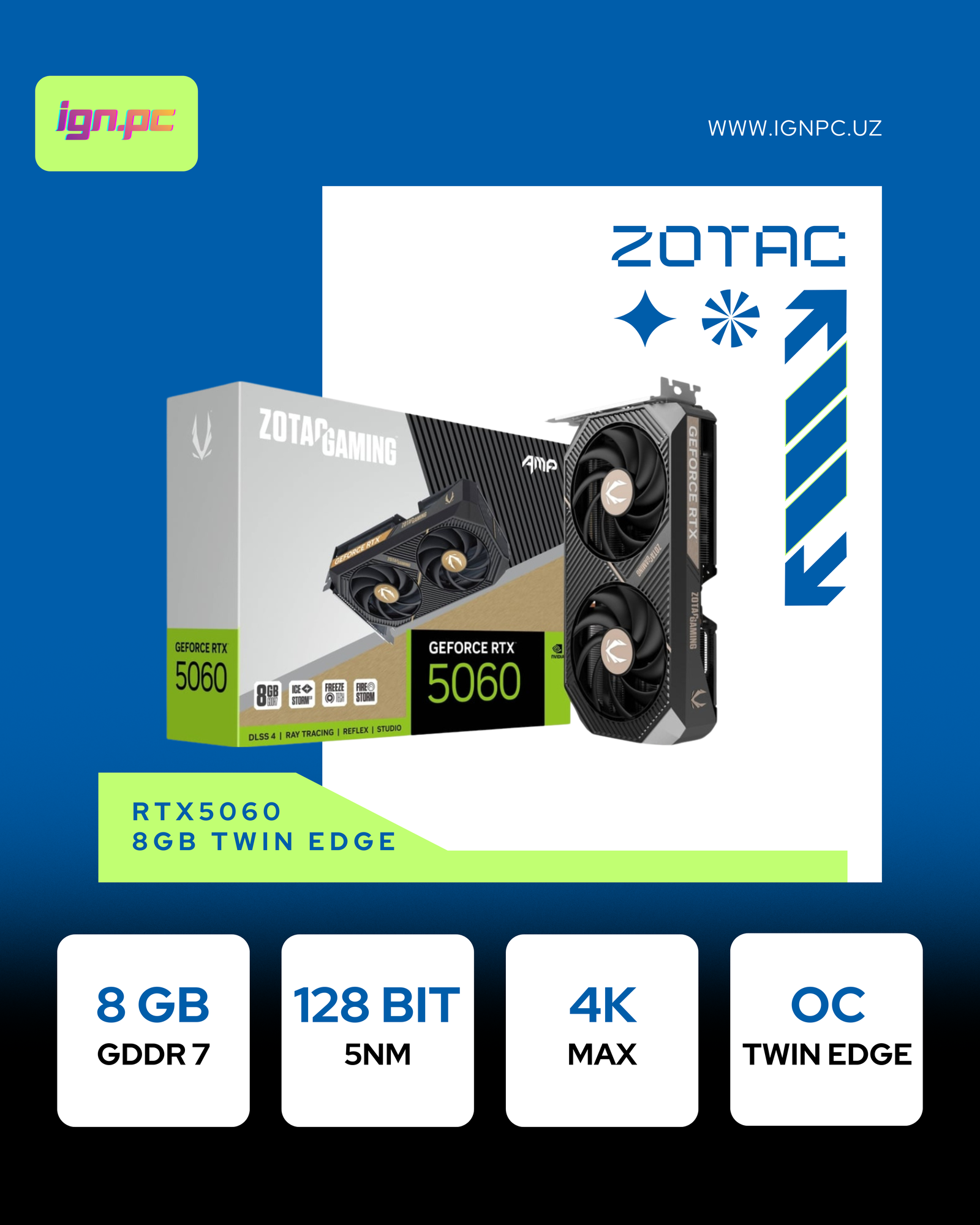 Видеокарта Zotac GeForce RTX 5060 Twin Edge, 8 ГБ, GDDR7, 128 бит, HDMI, 3-DP