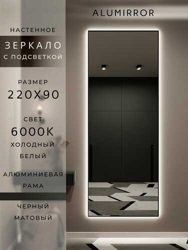 Изображение товара Зеркало настенное 220х90 см. черное с подсветкой Свет: Холодный белый 6000К В алюминиевой раме интерьерное ALUMIRROR