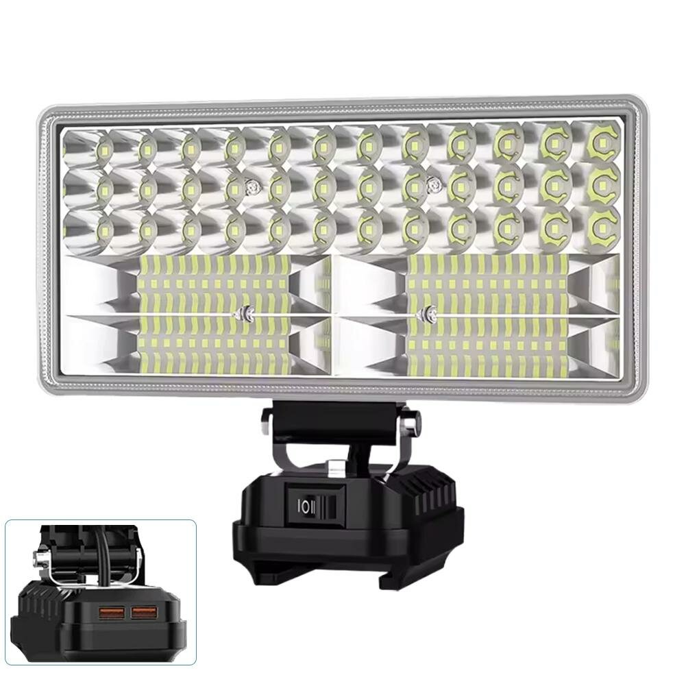 Лампа рабочая LED на литиевой батарее для стройки, ремонта, походов, рыбалки и дома с зарядкой для телефона