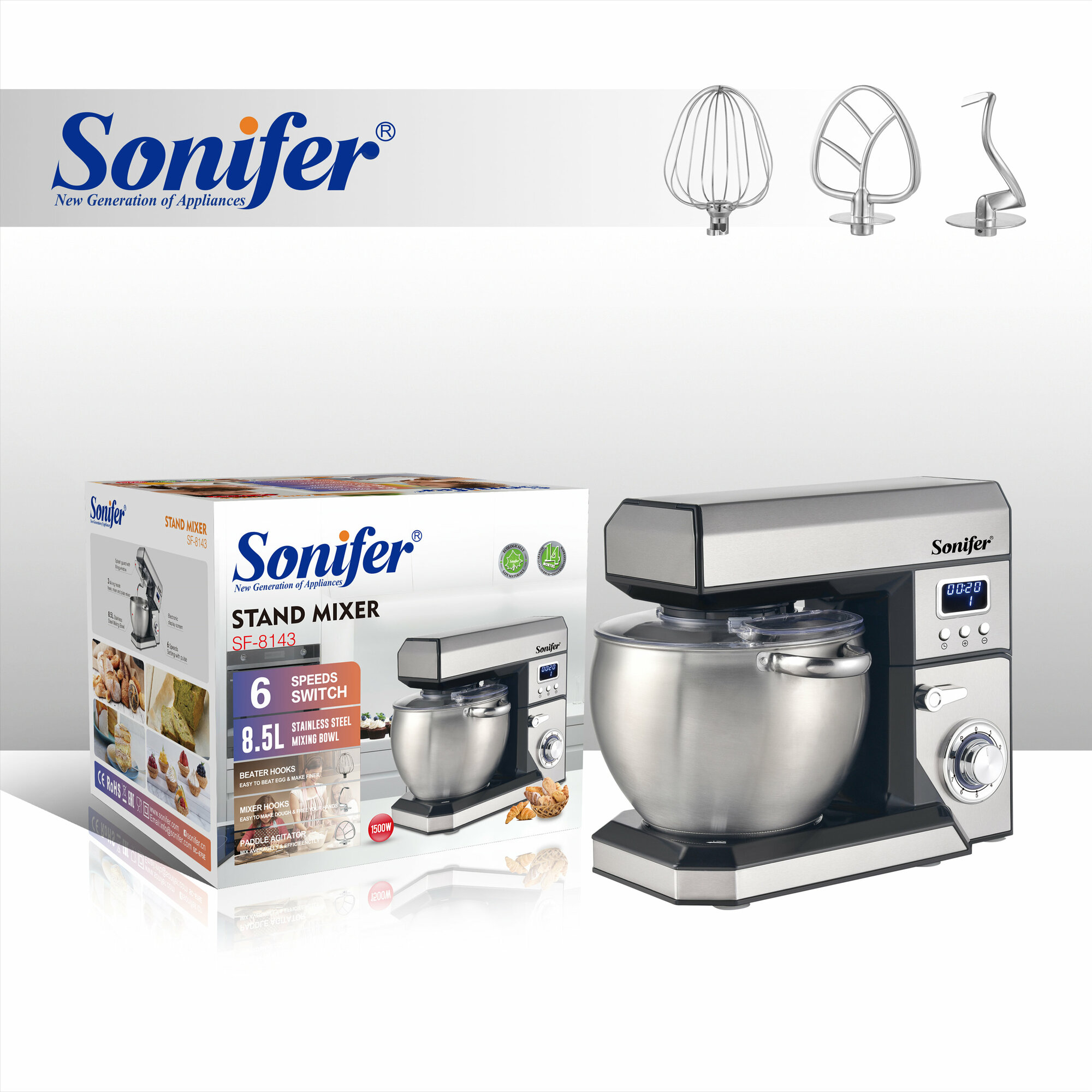Sonifer SF‑8143 — планетарный кухонный миксер (стационарный миксер) высокой мощности, предназначенный