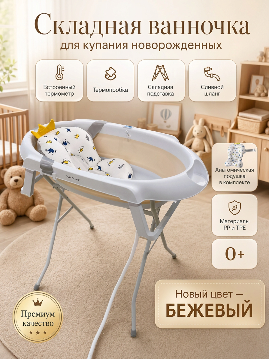 Ванночка детская "Norve" складная с термометром подставкой подушечкой для купания новорожденных и ковшиком в подарок
