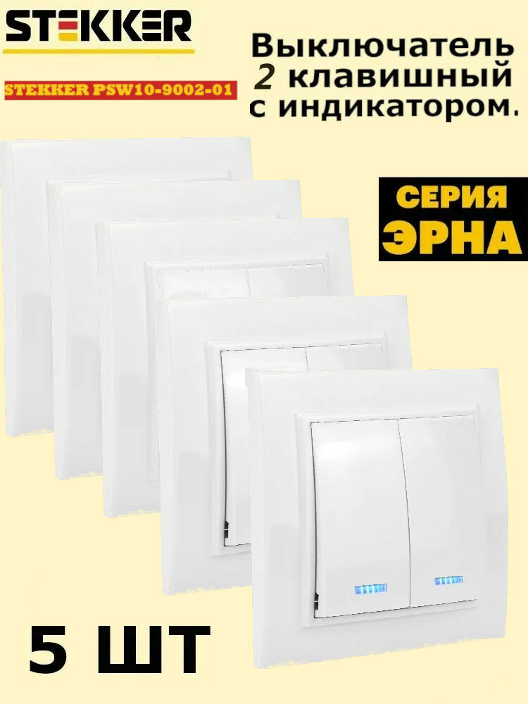Выключатель 2-клавишный с индикатором 5 штук серия Эрна PSW10-9002-01 белый STEKKER 39042/5