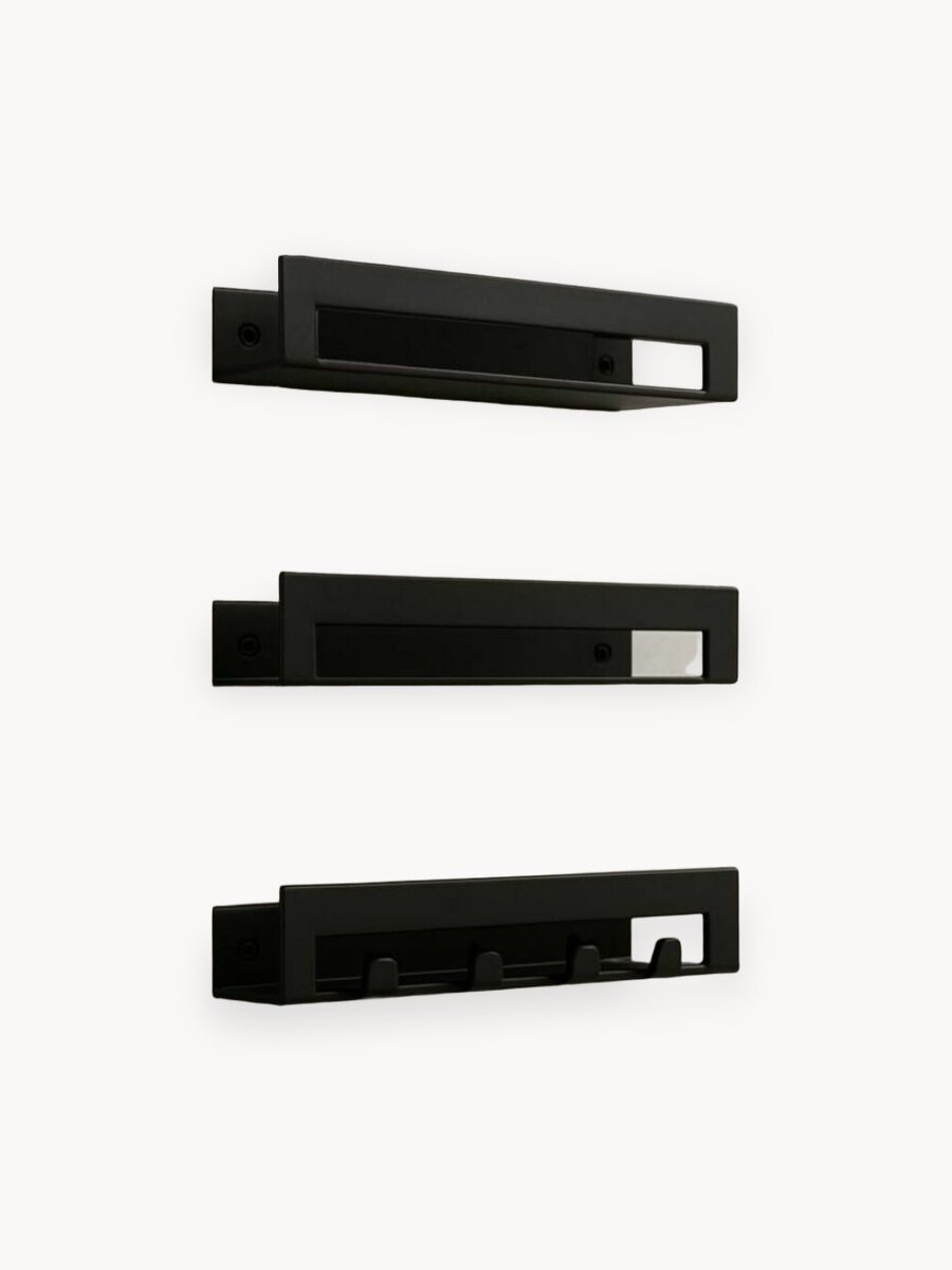 Полка для ванной настенная 27 см с крючками, без сверления, металлическая, чёрная, комплект 3 шт, ComfortCraft