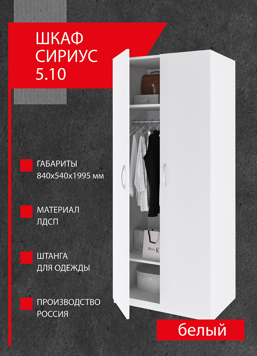 Шкаф Боровичи-мебель Сириус 5.10, 2 двери, 2 полки, горизонтальная штанга, 84 х 199,5 х54 см, Белый