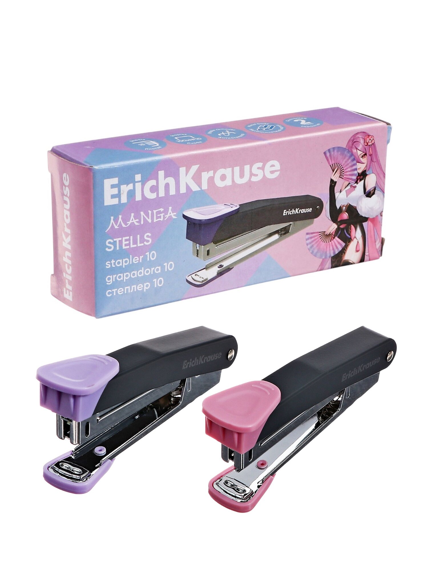 Степлер №10 ErichKrause Stells Manga, до 15 листов, микс