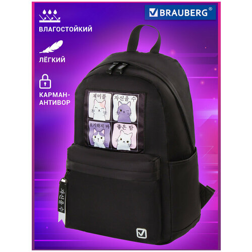 Рюкзак BRAUBERG (брауберг) FASHION CITY универсальный, карман-антивор, Anime Cats, черный, 44х31х16 см, 229965