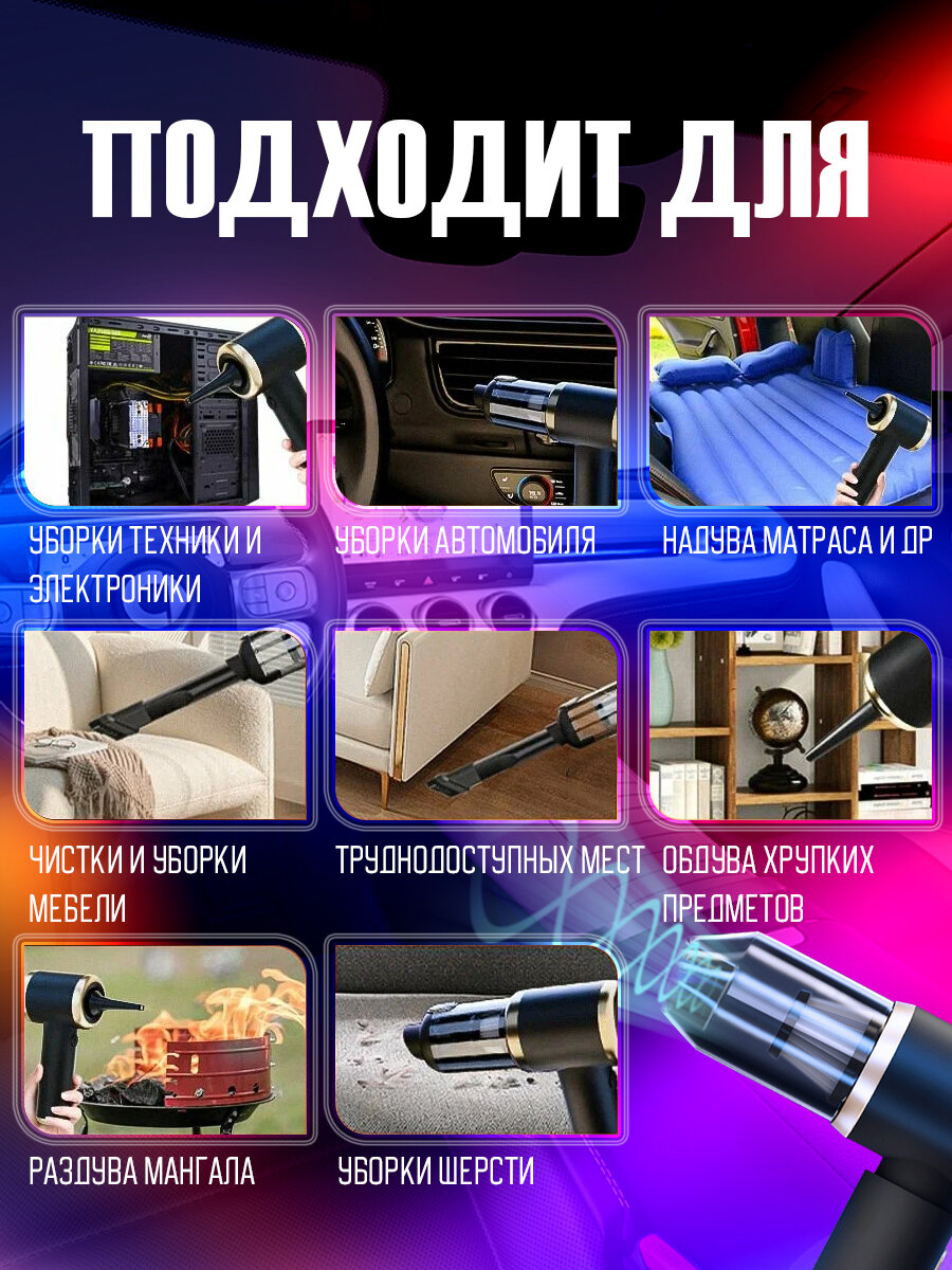 Черный пылесос, Автомобильный пылесос, Пылесос для дома, Мини пылесос, 7000 ПА, 120 Вт, 6 насадок — фото 1
