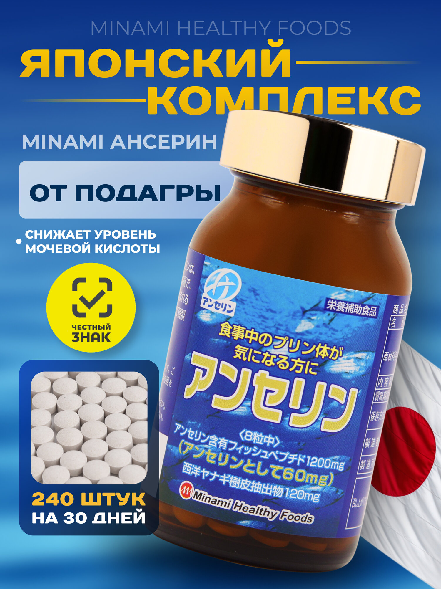 Комплекс для суставов MINAMI Ансерин от подагры и снижения мочевой кислоты 240шт на 30 дней