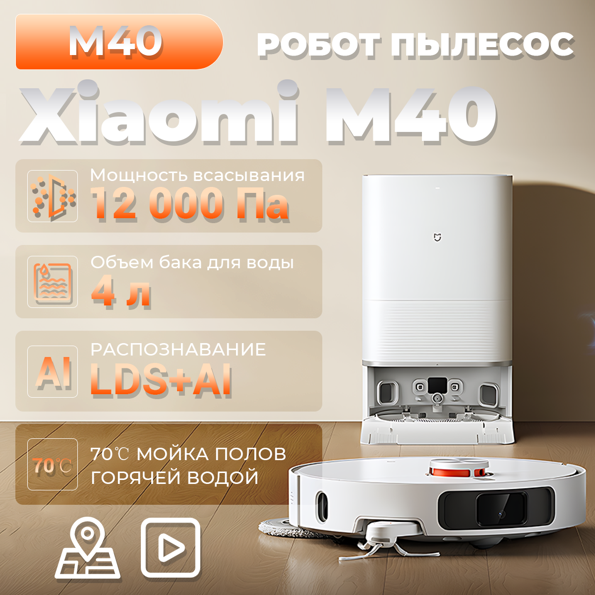 Робот-пылесос Xiaomi Mijia Omni Robot M40, резервуар для уборки 4 литра, всасывание 12000 Па, белый