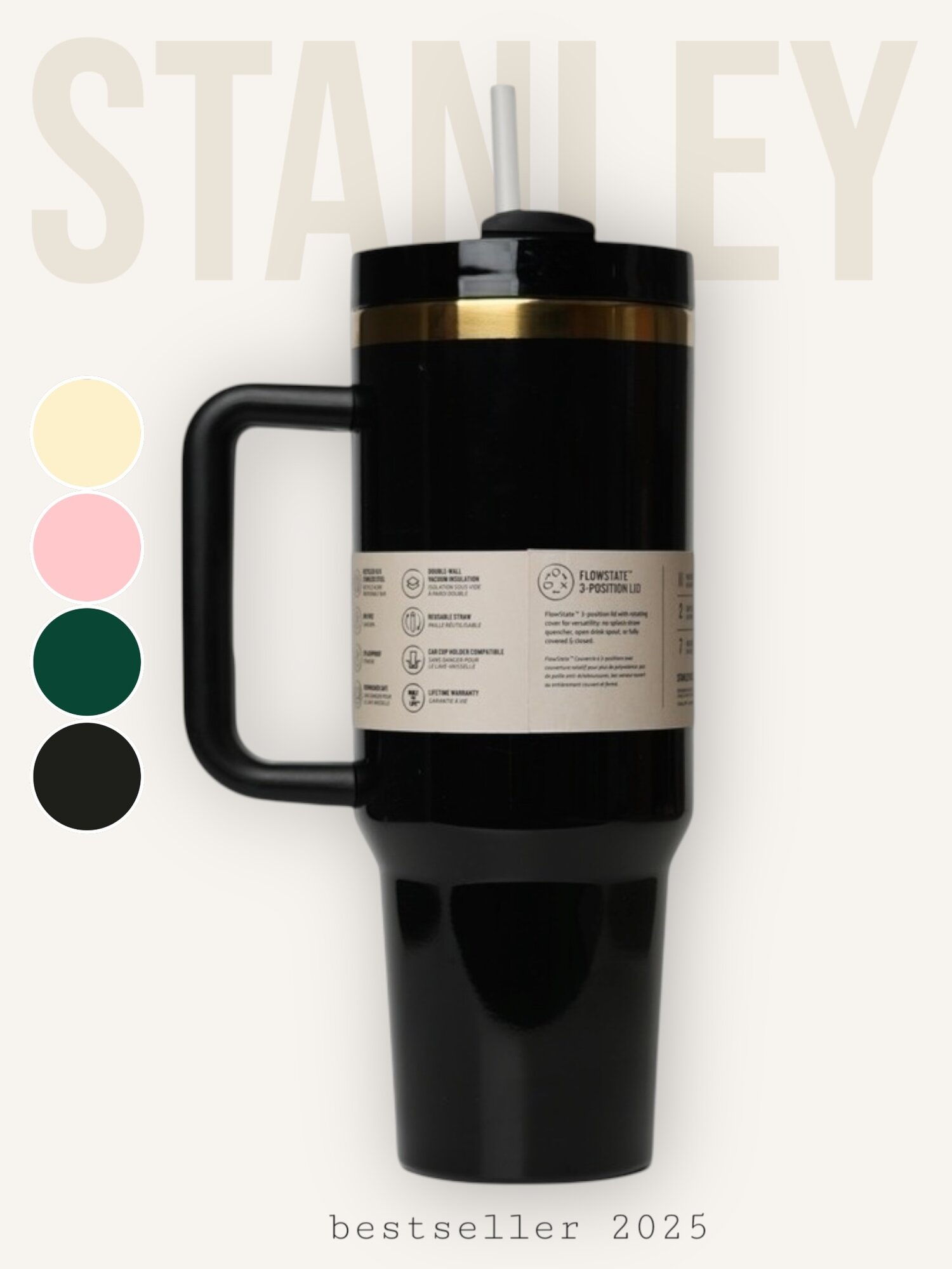Термокружка Stanley The Quencher Н2.0 1180 ml, чёрная глянцевая, с трубочкой — фото 1