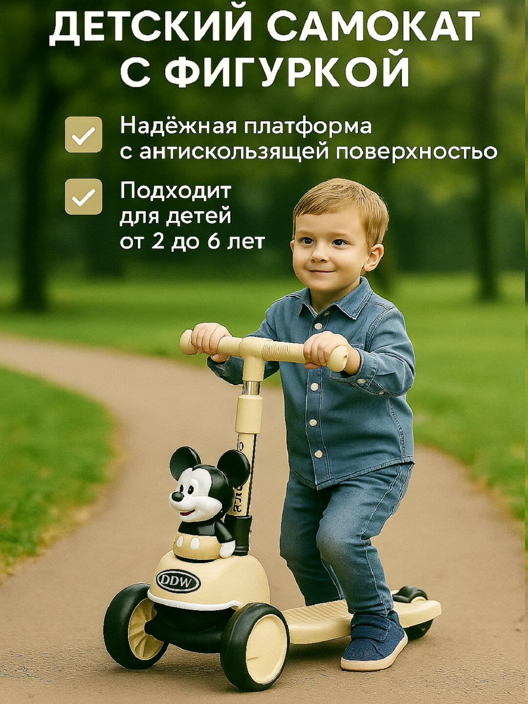 Детский трёхколёсный самокат – со светящимися колёсами и регулируемой высотой