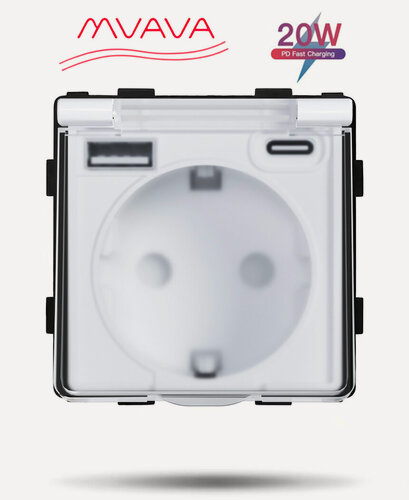 Изображение товара Механизм розетки с крышкой (без рамки) с Usb/Type-C АC, быстрая зарядка 20Вт, цвет белый