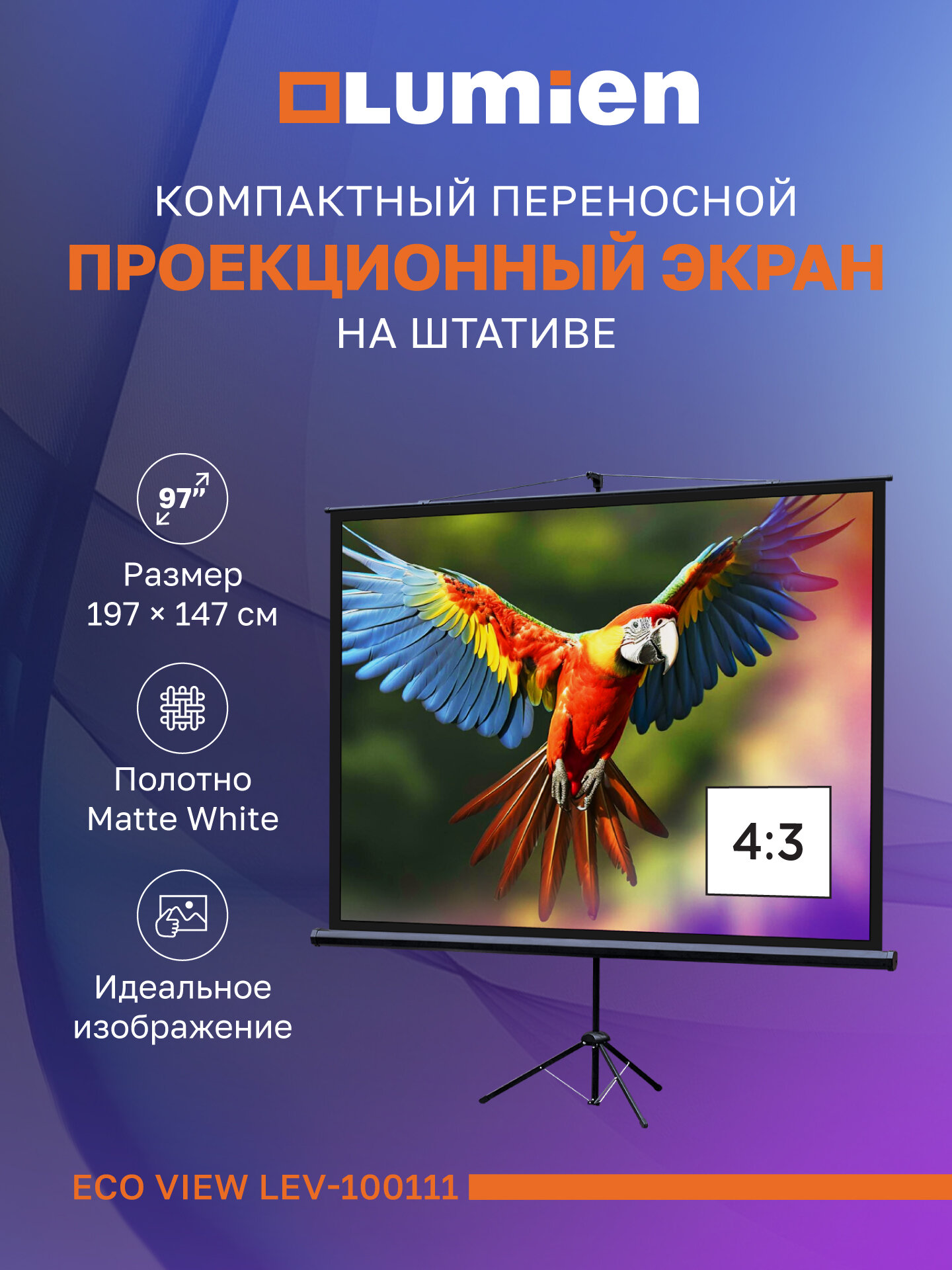 Экран для проектора на штативе Lumien Eco View LEV-100111 96″ 153x203см (раб. область147х197 см) Matte White 4:3