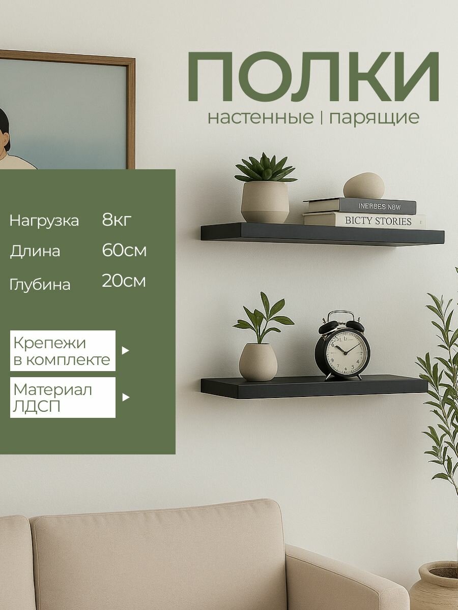 Полка настенная прямая 60х20х16 см комплект 2 шт Черный ЛДСП