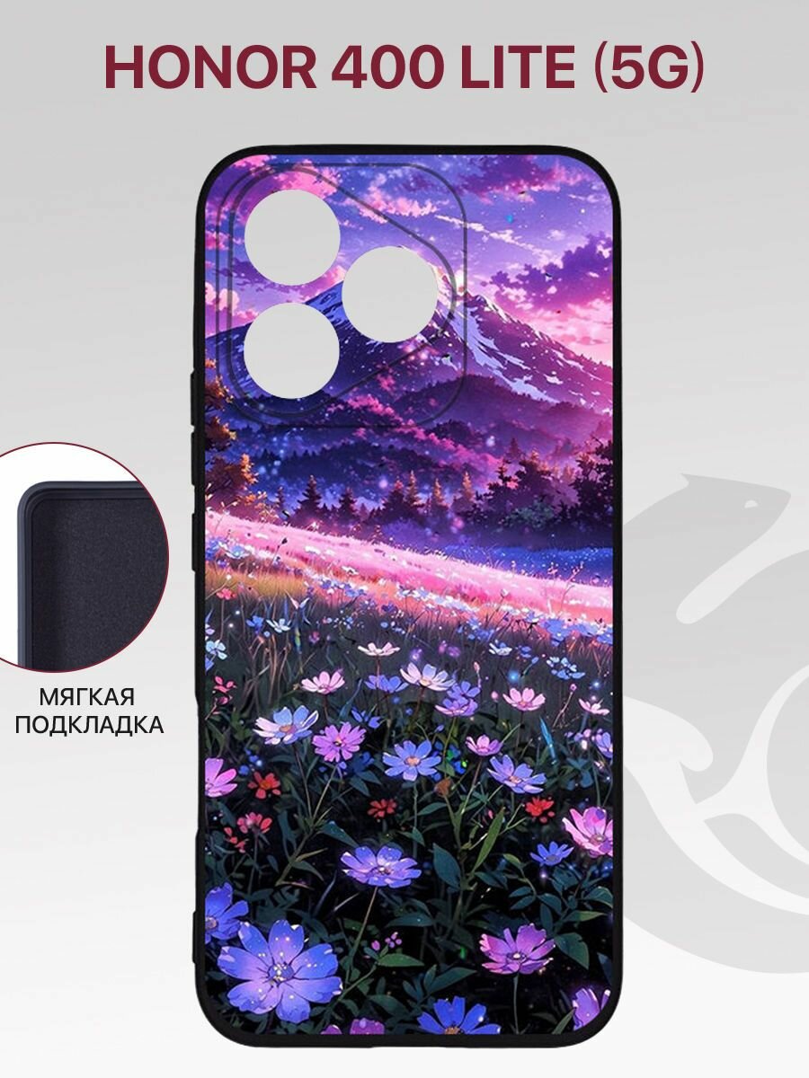 Чехол на Honor 400 Lite 5G с защитой камеры, с мягкой подкладкой из микрофибры, черный с принтом цветы вершин