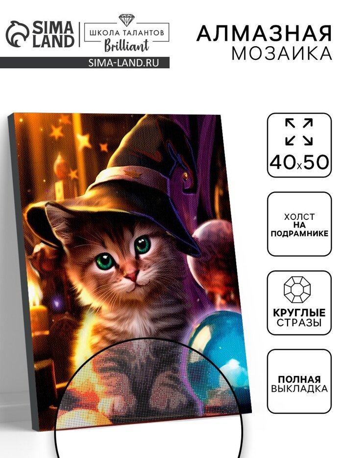 Алмазная вышивка полное заполнение «Котенок в шляпе» на раме 40×50 см