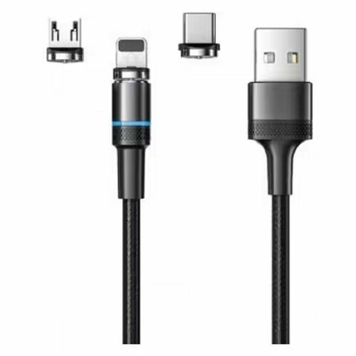 Rexant кабели 18-7076 Кабель USB 3в1 Type-С 2A , Lightning 2, 4A , Micro USB 2A , 1, 2м, в черной оплетке, с LED подсветкой