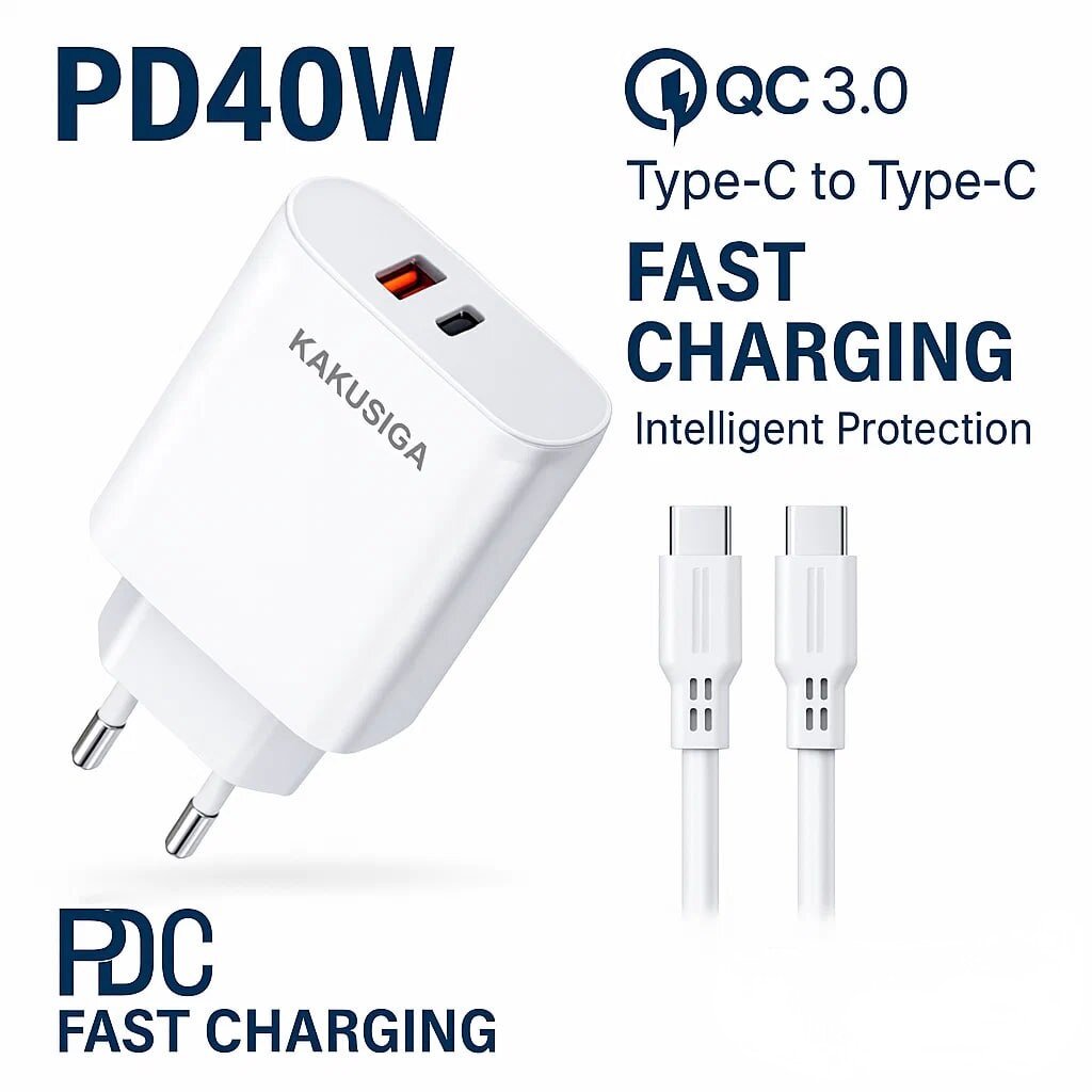 Кабель для зарядки KAKUSIGA, Type-C - Type-C, PD40W, QC3.0, 1м, белый