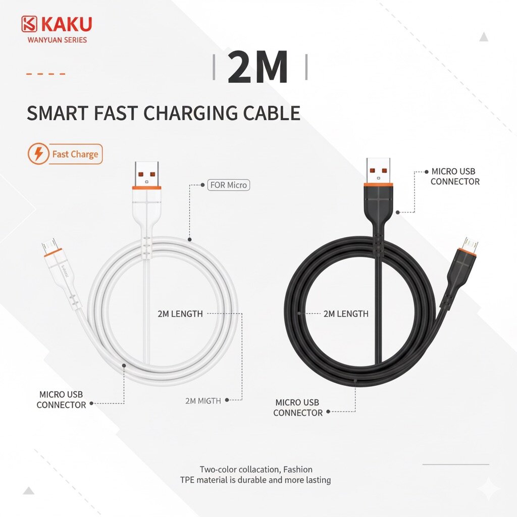 Кабель Kakusiga Micro USB, 2 метра, быстрая зарядка, прочный материал TPE — фото 1
