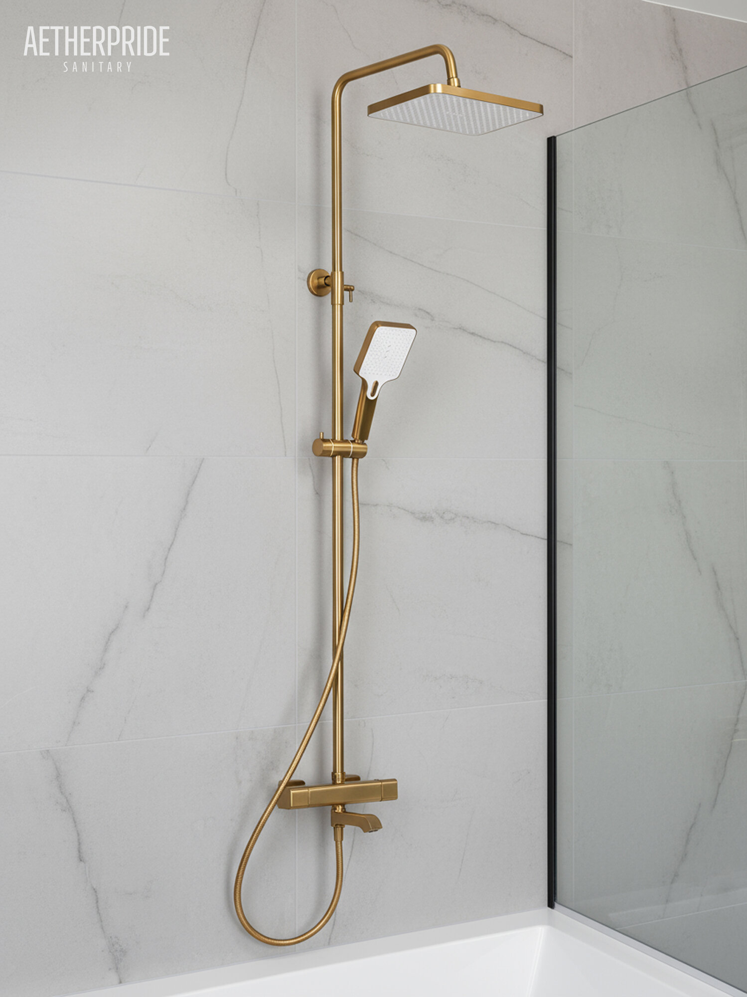Душевая стойка с термостатом и тропическим душем Aetherpride A2491-3 (золотой сатин )