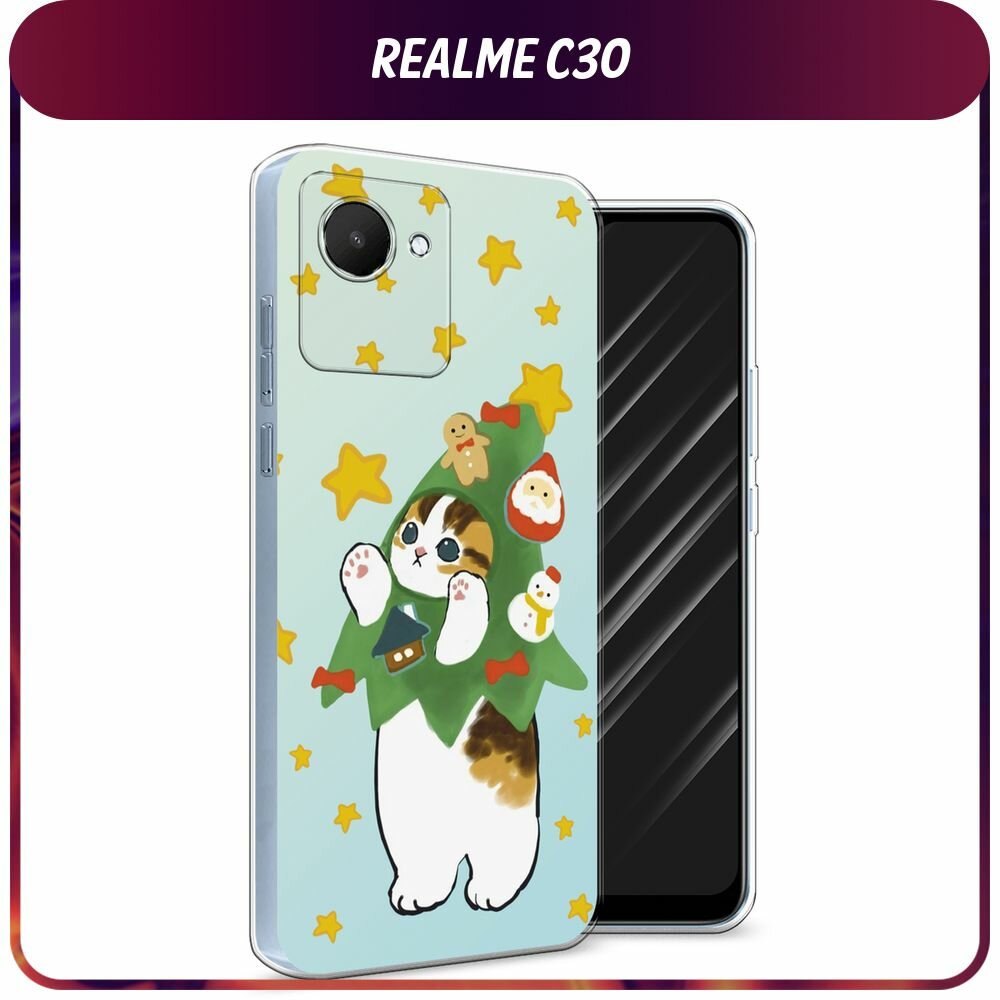 Силиконовый чехол на Realme C30 / Реалми C30 с принтом Котик-ёлочка