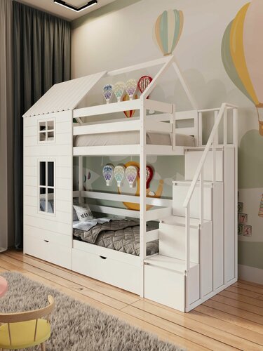 Изображение товара Кровать двухъярусная Домик с двумя окнами и выкатными ящиками 160х90 из березы, лестница комод