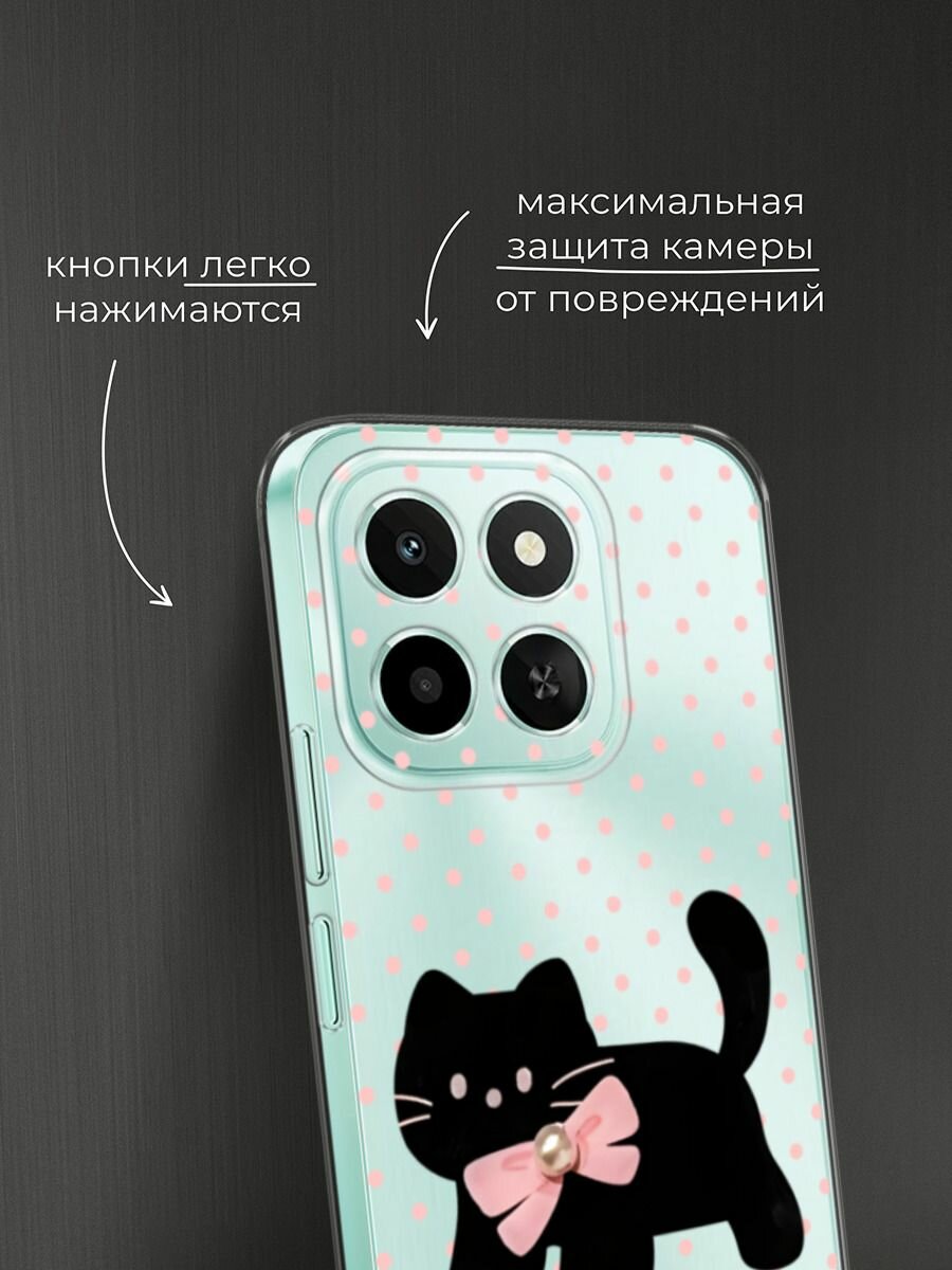 Чехол на Honor X6c / Хонор X6c с принтом Черный котик с бантом, прозрачный — фото 1