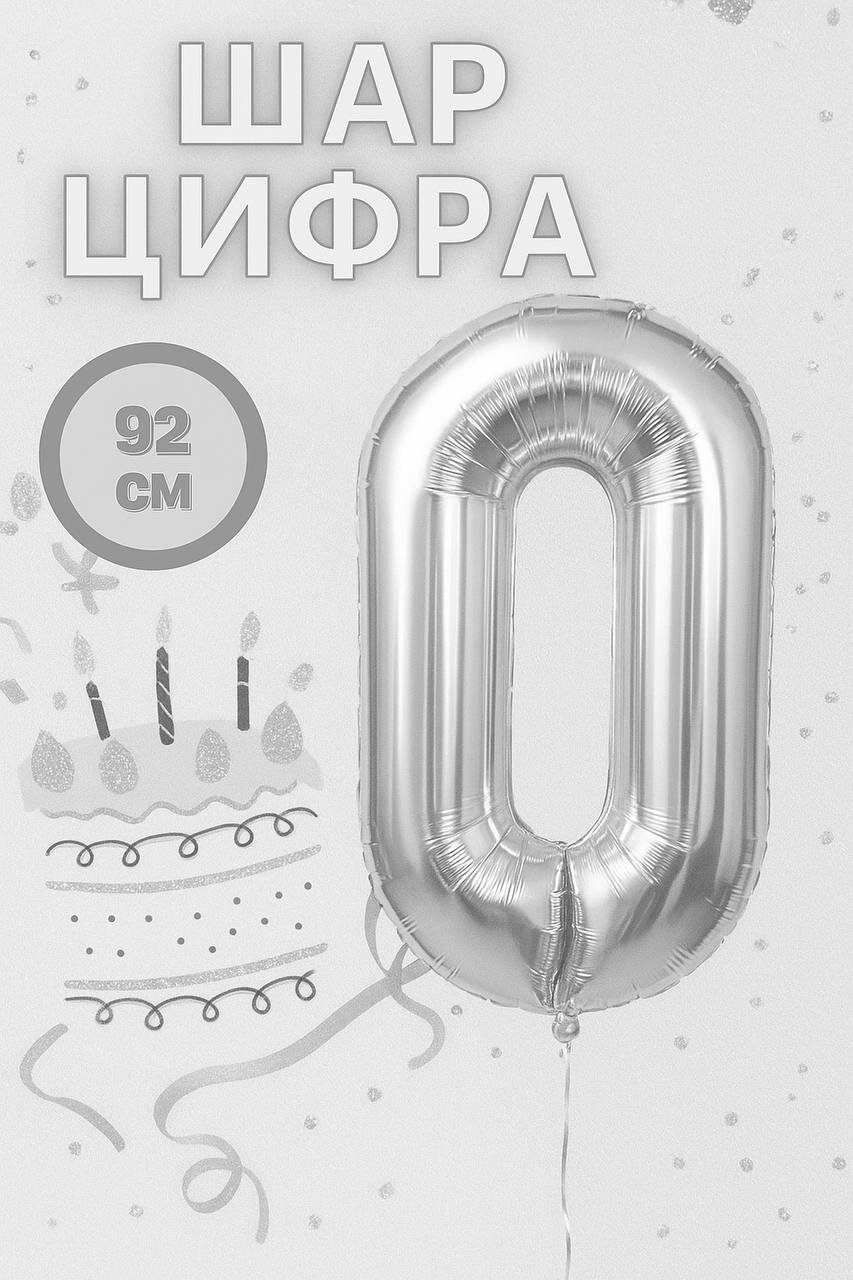 Фольгированный шар, "Цифра 0", серебристый, для праздника, без гелия