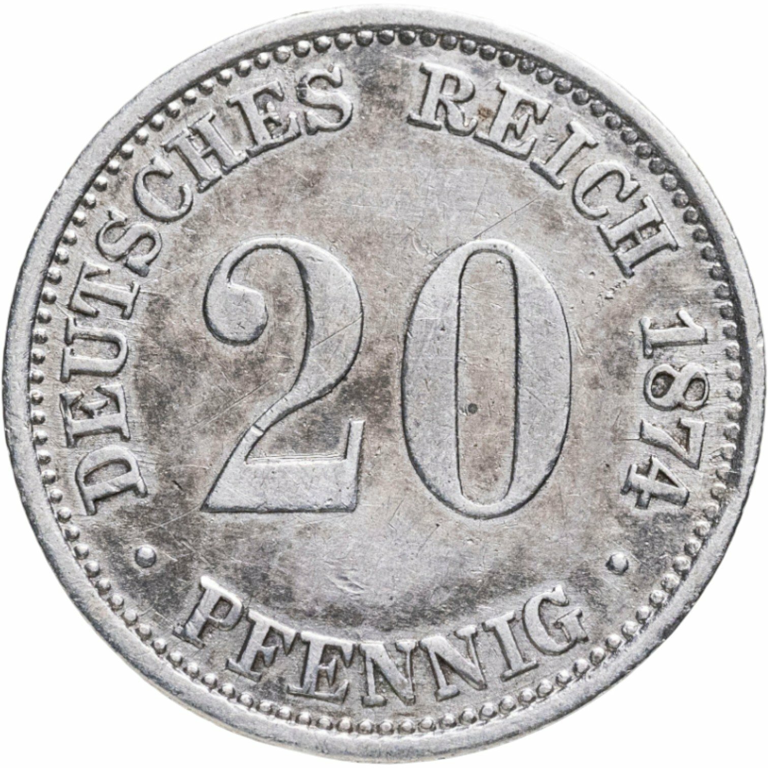 Германия 20 пфеннигов pfennig 1874 Знак монетного двора: "A" - Берлин, Серебро 900, в сохранности VF-XF