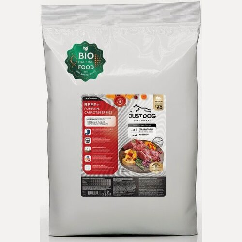 Изображение товара Корм сухой Just Dog Low Grain Hypoallergenic для собак средних и крупных пород, с говядиной, тыквой, морковью и ягодами, 12 кг