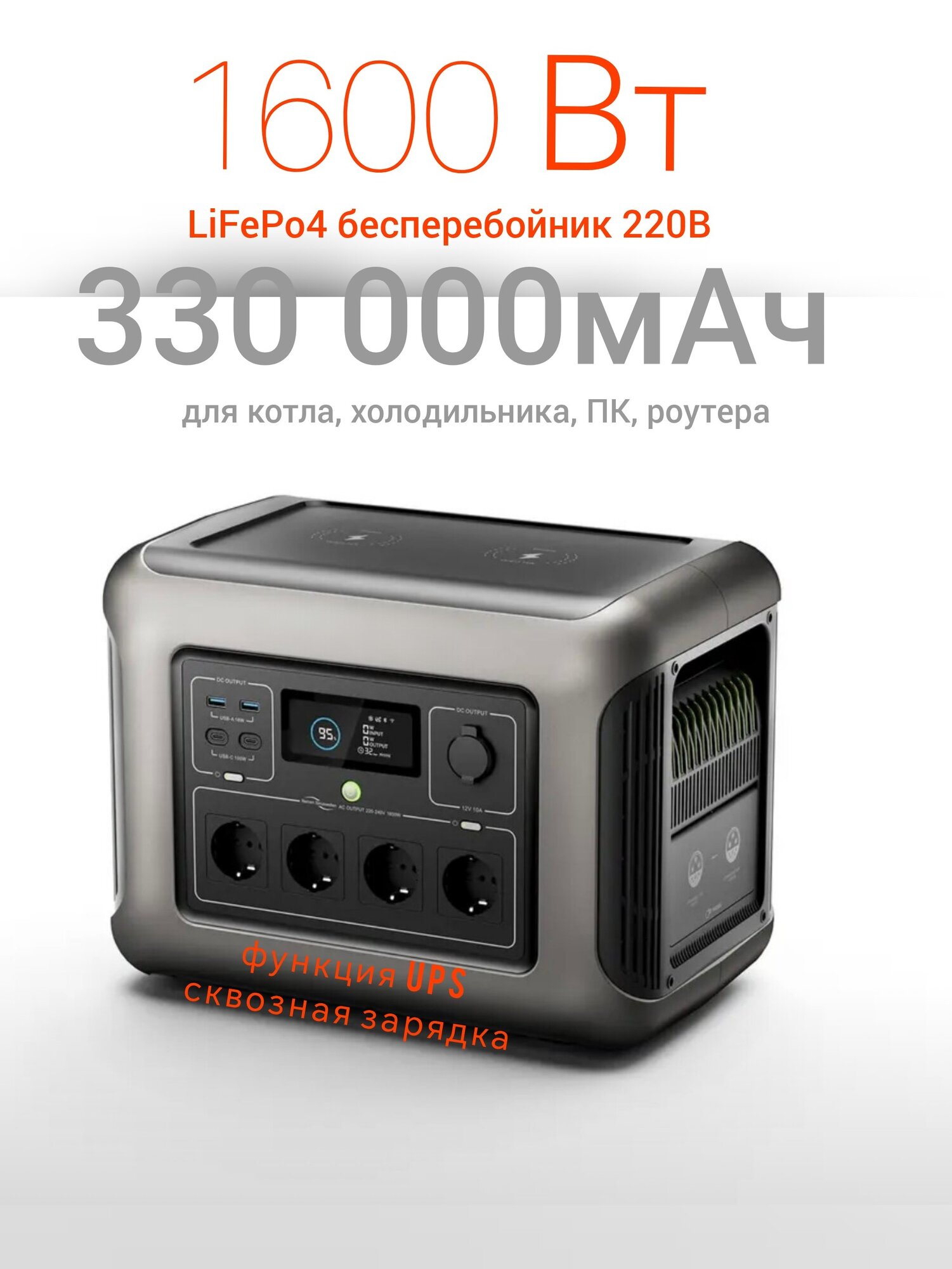 ИБП LiFePo4 бесперебойник 1600Вт розетка 220 В портативная электростанция для дома дачи котла холодильника