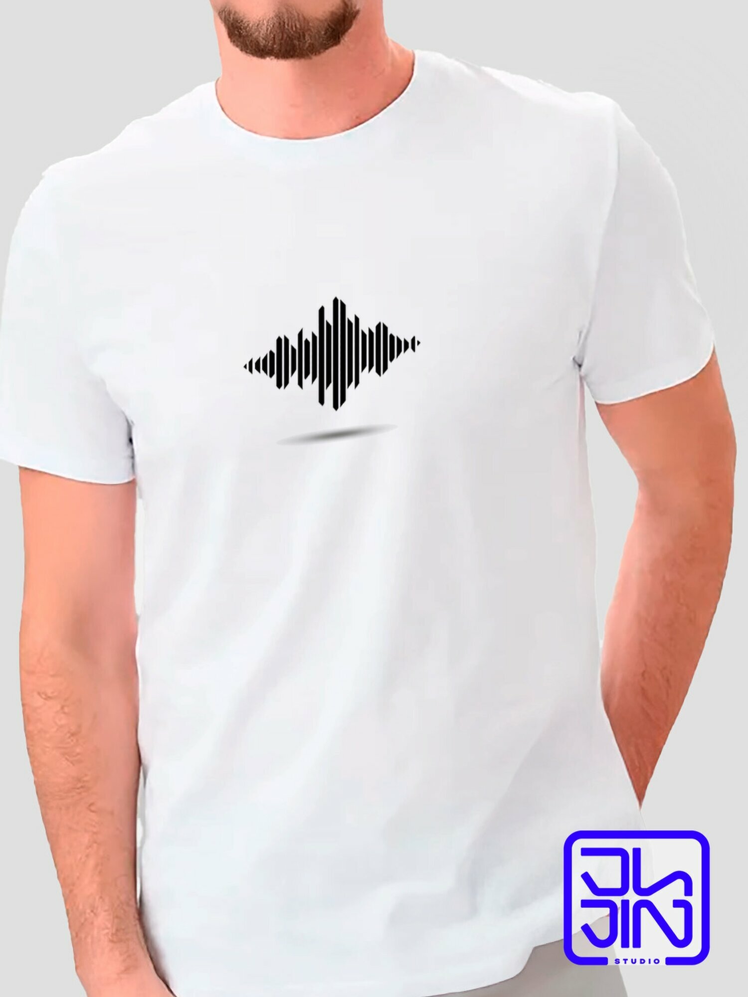 Футболка Jujin Studio классическая мужская с авторским принтом Музыкальная абстрактная черно-белая геометрическая аудиоволна эквалайзера, белый хлопковый трикотаж с прикольным рисунком на груди, 1 шт., размер XL, белый